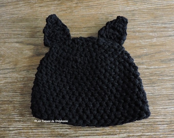 Ready-to-ship Ears black cat hat, LINED in fleece, handmade crochet adult / teen size, earflap black cat hat