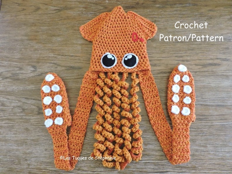 Crochet PATTERN Squid scoodie, hat scarf mittens, squid crochet pattern tentacle, Octopus hat crochet pattern, splatoon kit for winter image 1