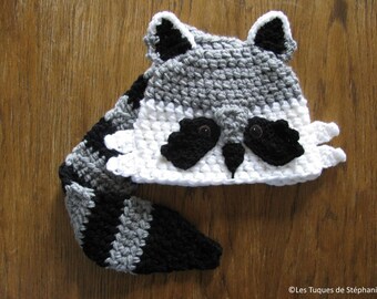 Crocheted Raccoon hat LINED white fleece and its tail serves as a scarf CUSTOM