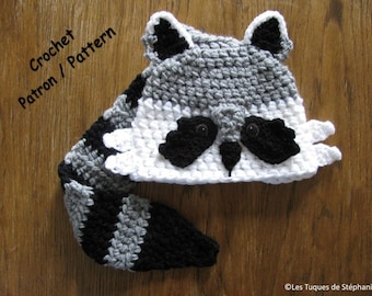 PATRON tuque raton-laveur au crochet, la queue sert de foulard, facile à faire, très mignon et pratique, Tuto bonnet raton-laveur au crochet