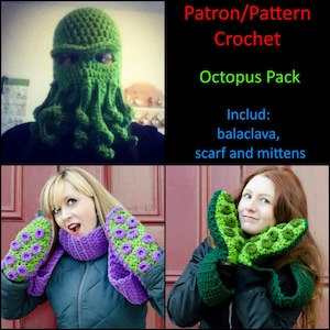 PACK Crochet PATTERN balaclava, scarf,  mittens octopus
