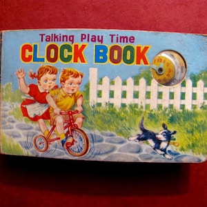 Toy Squeak Book Talking Play Time Clock Book Unique  Printed in Japan by G. A. 1940 Vintage Interactive Toy Book