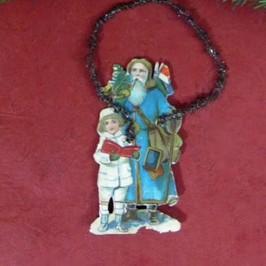 Antique Christmas Ornament Feather Tree Victorian Santa Claus Blue Robe & Little Child Silver Tinsel Hanger Antique Christmas