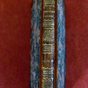 Op de afbeelding: Een antiek boek met een bruine lederen rug voorzien van goudkleurige decoratieve patronen en de tekst KRUMMA PALMEL BAND II. De boekomslagen hebben een blauw en zwart gemarmerd patroon met een versleten, getextureerd uiterlijk.