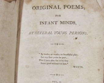 Poesie originali per menti infantili di diversi giovani Vol. 1 Pubblicato nel 1807 da Kimber Conrad & Co Philadelphia Early Antique Poetry Book