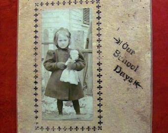 Our School Days Miss Helen Fleet & Doll Going To School Antique Sepia Photograph