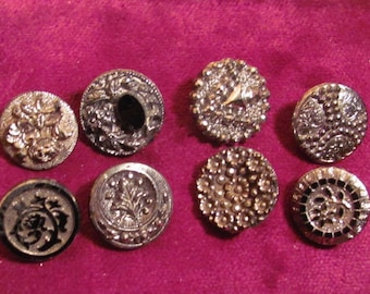 Antique Buttons 8 Victorian Black Glass Decorative Designs Geometric Floral Embossed Etched