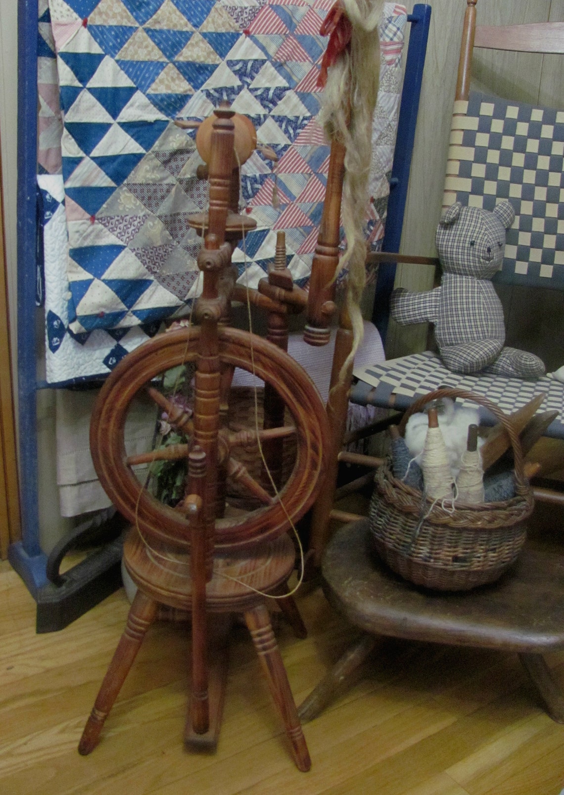 Upright Flax Spinning Wheel Distaff & Flax Bundle Turned Etsy