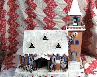 Christmas Church Tall Steeple w Bell Paper Lace Windows Mica Snow Paper Icicles Christmas Home Decor