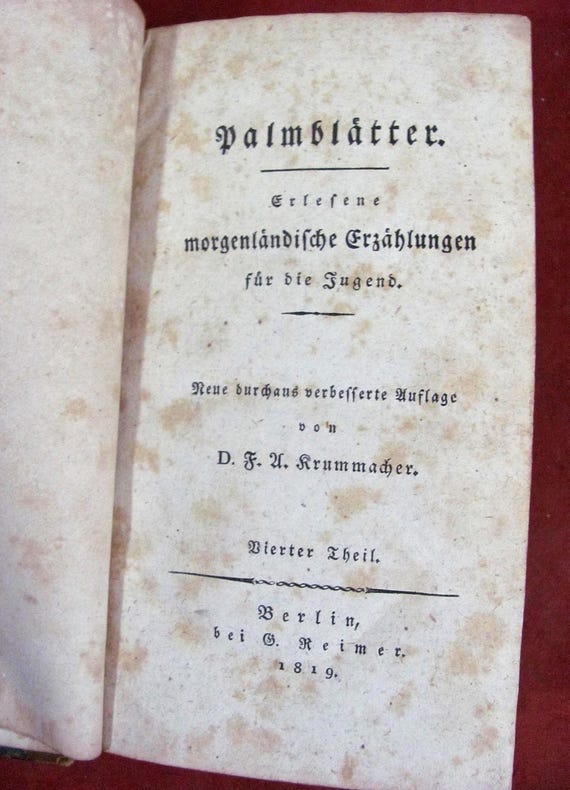 1819 Palm Leaves Oriental Tales for Young People (Palmblätter) by August Jacob Liebeskind Antiquarian German Book