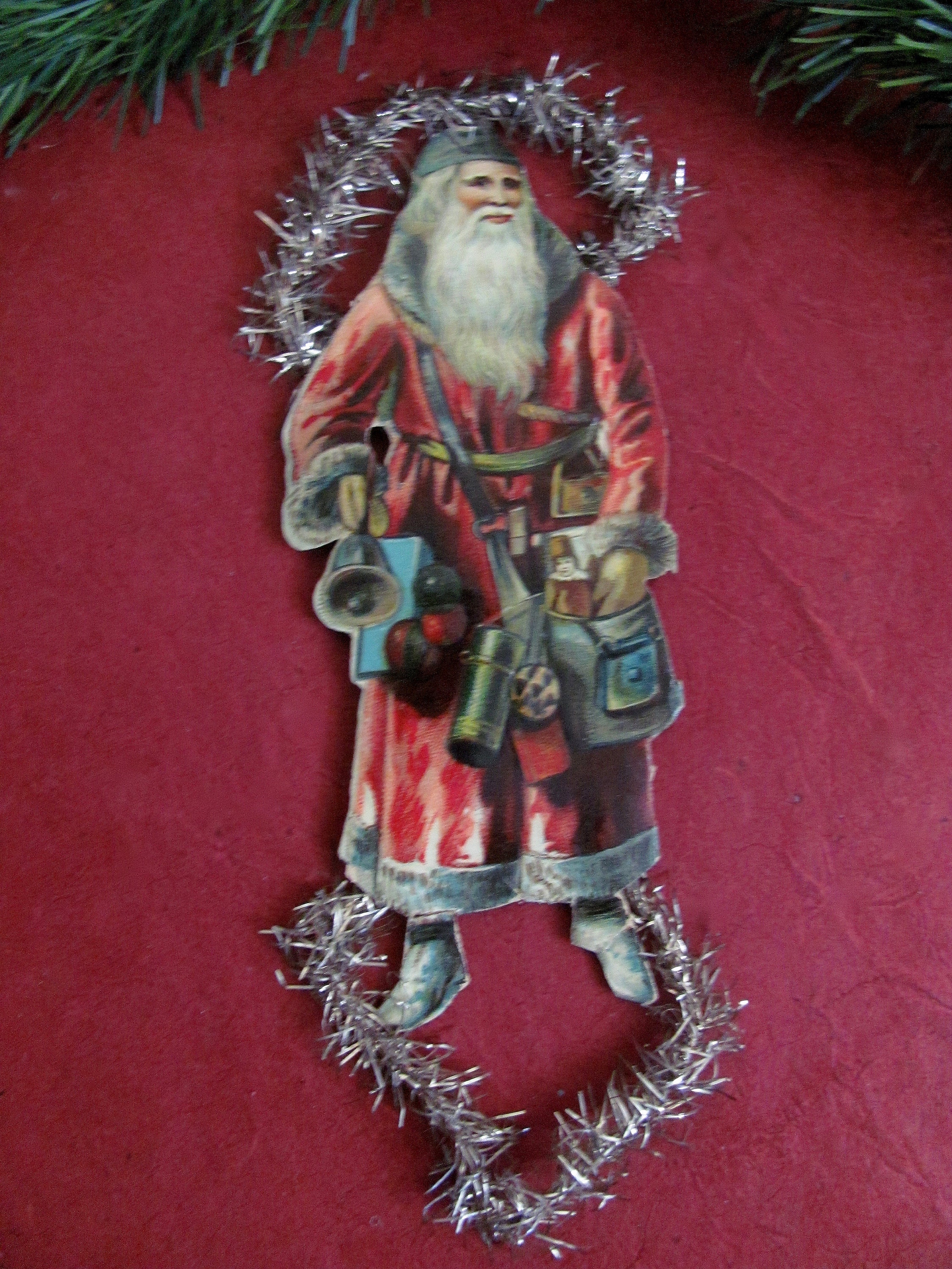 Antique Christmas Ornament Santa Claus Feather Tree Victorian