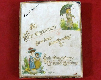 Rare Kate Greenaway Merry Christmas Greetings Gift Box w Cambric Handkerchief Victorian Christmas Box