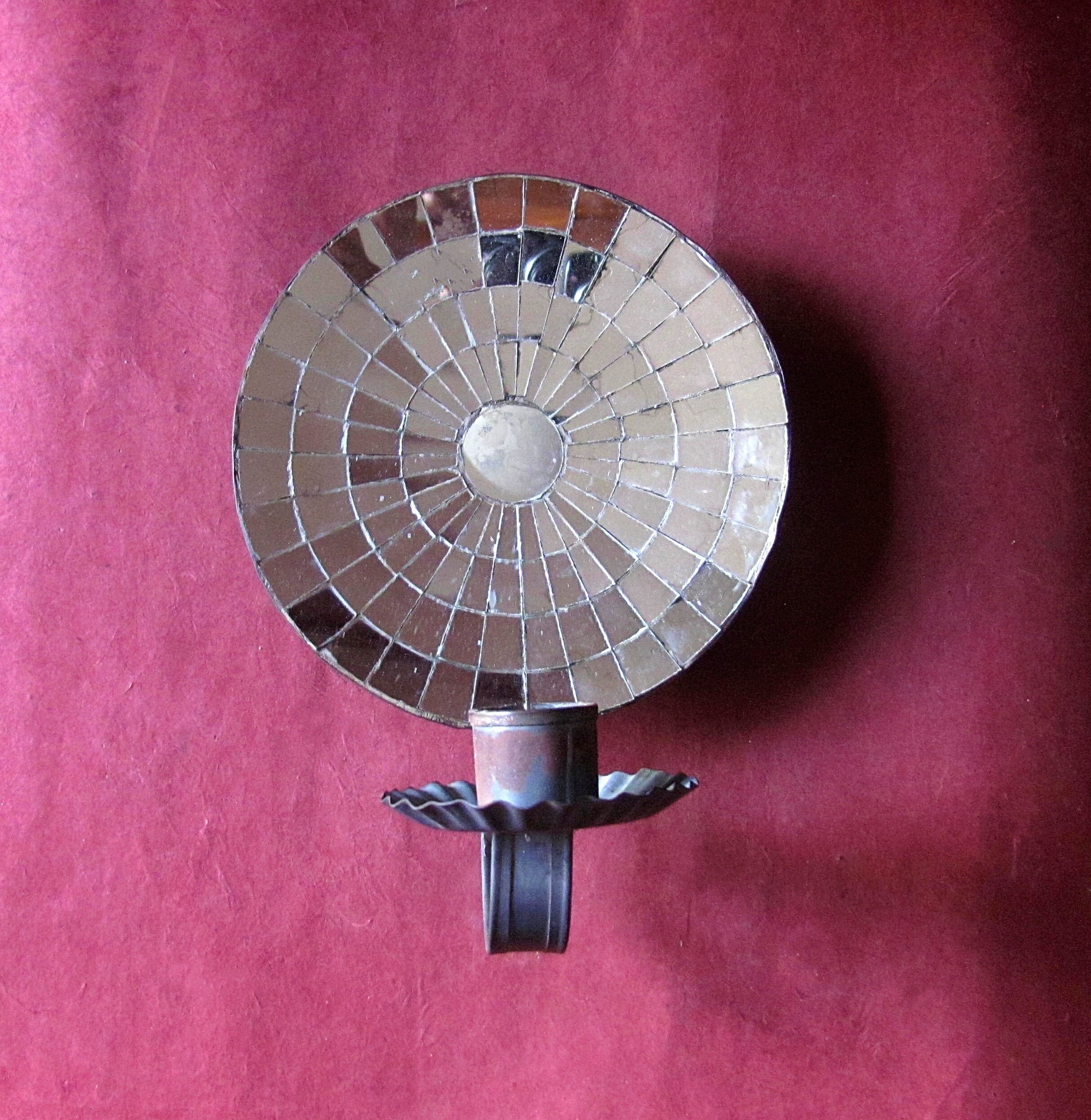Antique Tin Sconce Spider Web Round Mirror Reflective Wall Candlestick Holder Primitive Lighting Colonial Revival Style Home Decor