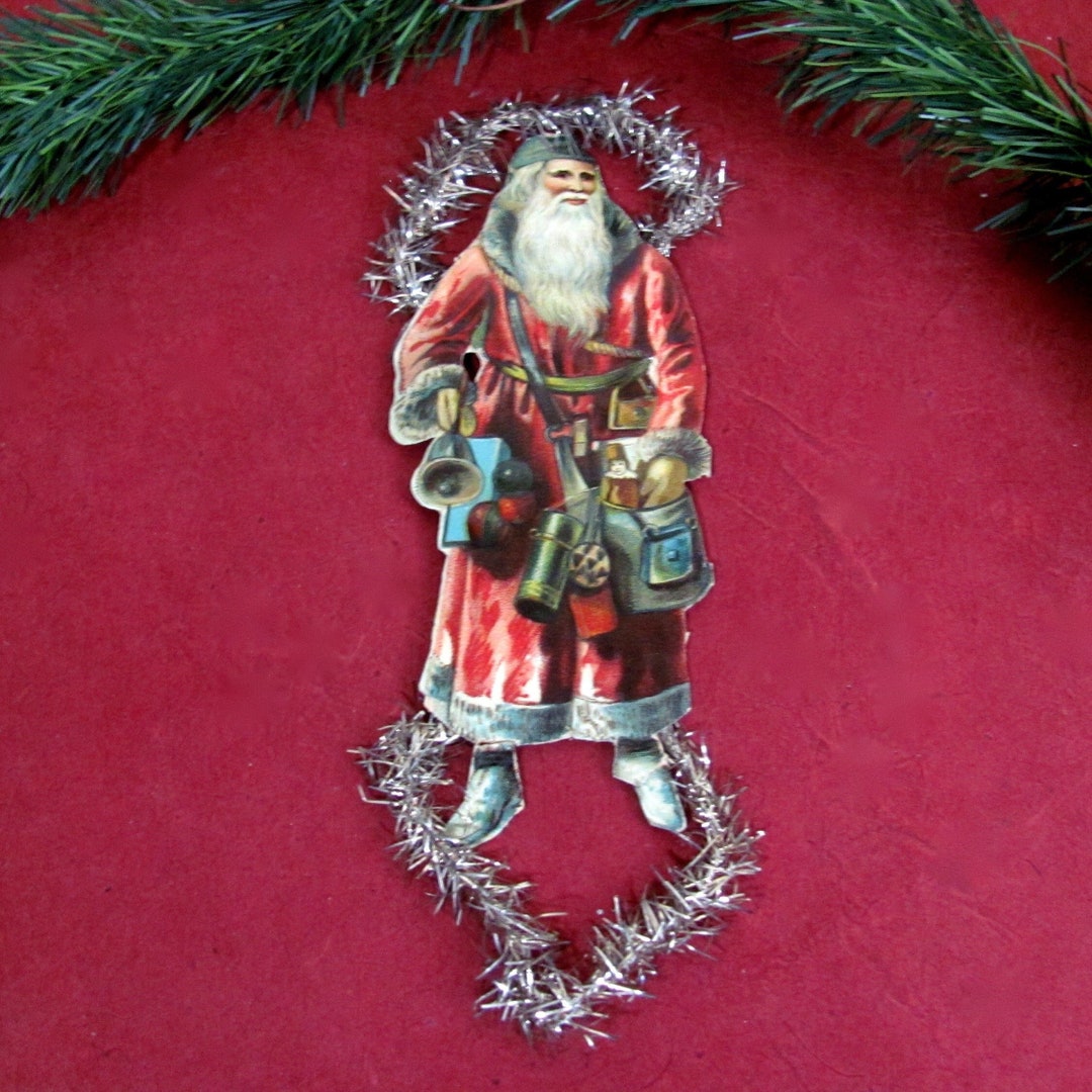Antique Christmas Ornament Santa Claus Feather Tree Victorian Diecut