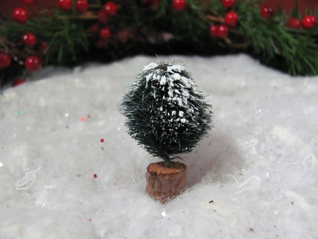 2 Christmas Bottle Brush Trees Laden With Snow Wood Base Winter Scene