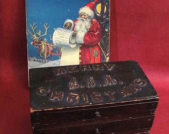 Merry Christmas Box w 3 Drawers Personalized Carved Initials C.G.M. Hand Made Recycled Wood 'One-Of-A-Kind' Antique Christmas Folk Art Token