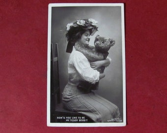 1908 Real Photograph Postcard Hugging A Large Teddy Bear 1 Cent Ben Franklin Cancelled Stamp Antique Ephemera RPPC