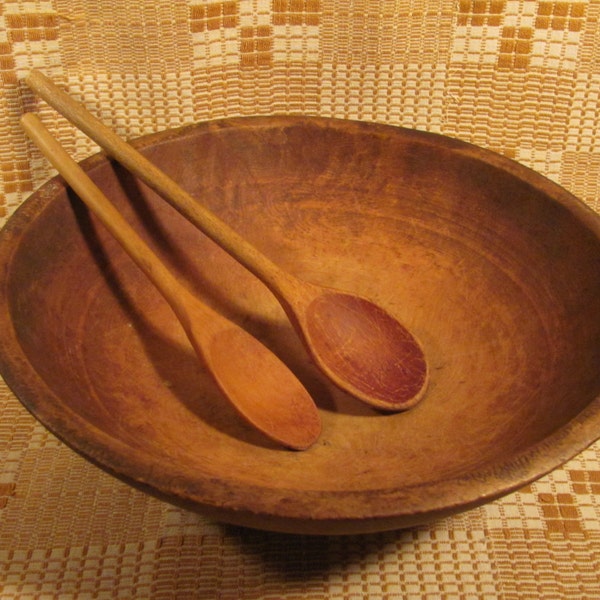 Primitive Antique Wooden Bowl with Two Antique Wooden Mixing Spoons Nice Warm Rich Patina!