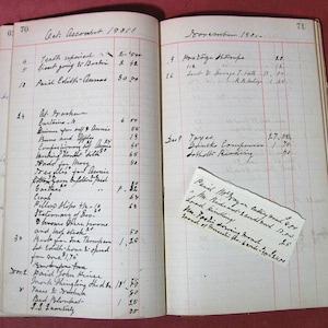 Ancien livre de comptes 1889-1904 Hollis New Hampshire Massachusetts écritures manuscrites de travail épicerie, etc. notes volantes éphémères antiques