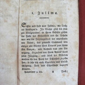 Op de afbeelding: Een open antieke boekpagina met verouderd, gebroken wit papier met zwarte gedrukte Duitse tekst. De koptekst luidt 1. Zulima. De tekst beschrijft een personage genaamd Zulima, met de voettekst Palmbl&auml;tter 3. Th. Het papier vertoont zichtbare vlekken.
