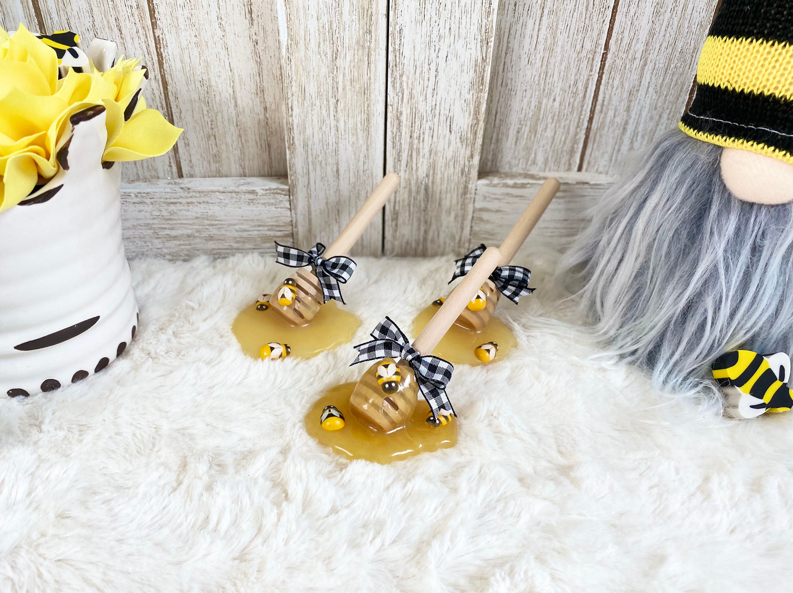 Bee Tiered Tray Decor with Wooden Fake Honey Hive Dippers Bumble Bee Gifts  fo