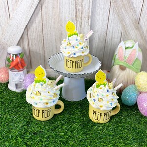 Yellow Mini Easter Mugs with Faux Whip Cream / Fake Easter Drink / Tiered Tray Decor / Faux Food and Drinks