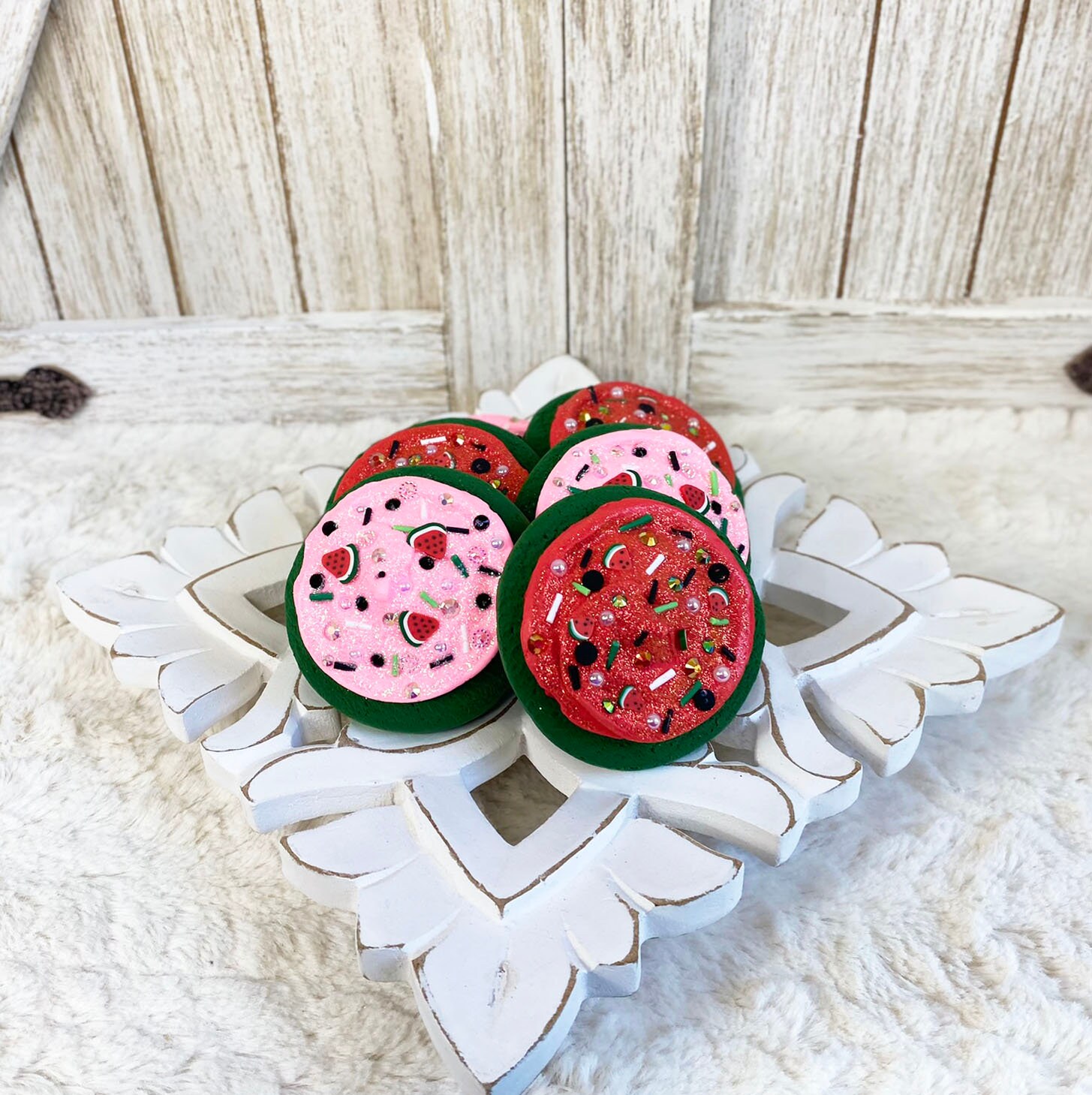 Fake Watermelon Cookies / Faux Summer Cookies / Watermelon Decor / Tiered Tray Decor / Spring Decor / Realistic Food