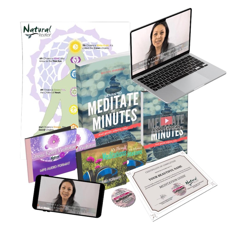 May include: A meditation course kit including a book titled Learn to Meditate in Minutes, a laptop and smartphone displaying video tutorials, audio CDs, a chakra chart, a certificate of completion, and a meditation guide badge.