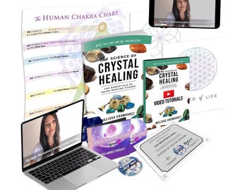 May include: A collection of educational materials including a laptop displaying a video, a book titled The Science of Crystal Healing, a video tutorial guide, a Human Chakra Chart, a certificate of completion, and a circular crystal healing sticker.