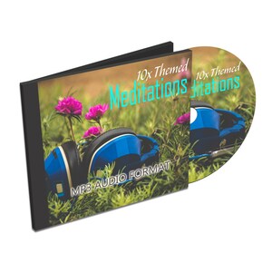 May include: A black CD case and disc set featuring a graphic of blue headphones resting in green grass with pink flowers. The text reads 10x Themed Meditations and MP3 AUDIO FORMAT in white and cyan lettering against the natural outdoor scene.