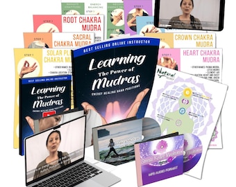May include: A collection of educational materials titled Learning The Power of Mudras, including a laptop displaying a video, printed instructional cards for various chakras, a CD case for Stress Relief Meditation, and a book cover illustration.