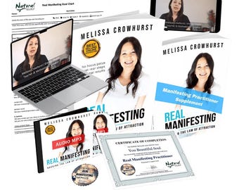 May include: A collection of educational materials including a laptop and smartphone displaying video content, two books titled Real Manifesting, an audio MP3 disc, a printed goal chart, a circular sticker, and a certificate of completion for a practitioner.