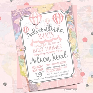 Adventure awaits, baby shower invitation, world baby shower invitation, girl baby shower invitation, hot air balloon, Printable Invitation image 1