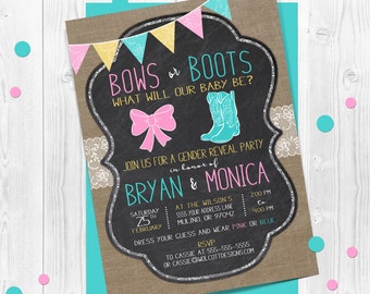 Boots or Bows gender reveal invitations, gender announcement, lace, country rustic, burlap, chalkboard, gender neutral, bows, cowboy boots