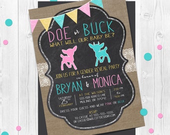 Buck or doe gender reveal invitations, doe  or buck, gender announcement, country rustic, burlap, chalkboard, gender neutral, gender reveal