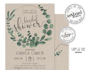 Eucalyptus wreath bridal shower greenery bridal shower invitation farmhouse wreath bridal shower invitation template DIY