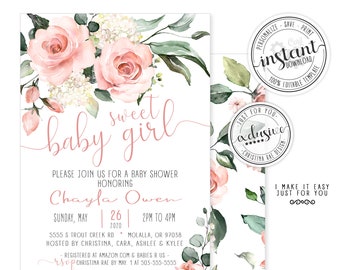 Blush Pink Floral Baby Shower Invitation Sweet Baby Girl Flowers Rose Printable Digital Instant Download Editable Template DIY Corjl