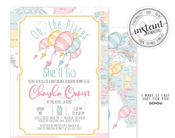 Oh The Places baby shower invitation, pastel colors, rainbow, hot air balloon, printable, digital files, editable, Corjl