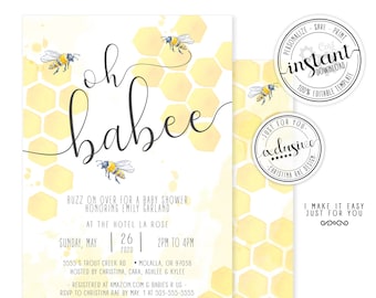 Bumblebee Baby Shower Invitation, Bee Thank You Cards, Bee Diaper Raffle and Book Requests Inserts for a Gender Neutral Baby Shower, Corjl