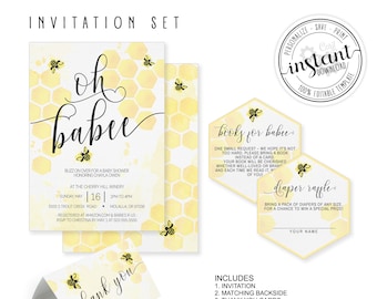Oh Babee, Bee Baby Shower Invitation Set, Bee Book Request, Bee Diaper Raffle, Thank You Cards, watercolor painted, honey bee, Corjl