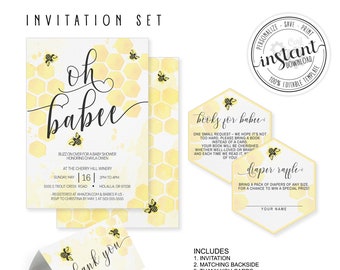 Oh Babee, Bee Baby Shower Invitation Set, Bee Book Request, Bee Diaper Raffle, Thank You Cards, watercolor painted, honey bee, honeycomb
