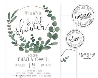 Eucalyptus Bridal Shower Invitation Editable Watercolor Bridal Shower Invitation Template Greenery Bridal Shower Invite DIY Bridal Shower