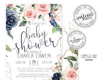 Editable Navy and Blush Floral Baby Shower Invitation Template, Gender Neutral Invite Template, Navy Blue, Oh Baby, Boho Floral Invite Corjl