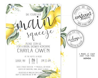 She Found Her Main Squeeze Bridal Shower Invitation with Lemon Citrus Watercolor, Instant Download, Printable, Editable Template, Corjl