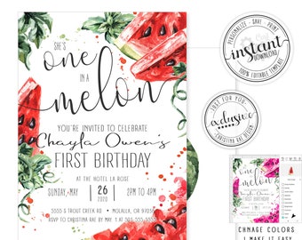 Watermelon Birthday Invitation, One in a Melon, Pink Watermelon, 1st Birthday, First Birthday, Watermelon Party, Corjl