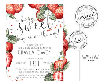 Strawberry Baby Shower Invitation, Instant Download, a berry sweet, strawberry invite, Gender neutral, Citrus invitations, Editable Corjl