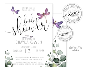 Eucalyptus Dragonfly Baby Shower Invitation Dragonfly Shower, Spring Shower, Greenery Shower, Garden Party, Edit with CORJL