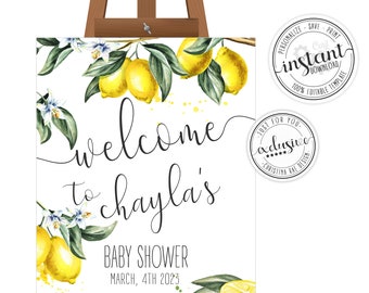 Lemon Baby Shower Welcome Sign, Greenery Citrus Welcome Sign - Baby Shower Sign 8x10 16x20 18x24 20x30 24x36