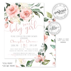 Blush Pink Floral Baby Shower Invitation Sweet Baby Girl Flowers Rose Printable Digital Instant Download Editable Template DIY Corjl