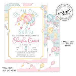 Oh The Places baby shower invitation, pastel colors, rainbow, hot air balloon, printable, digital files, editable, Corjl